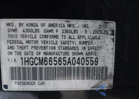 2005 Honda Accord 3.0 Ex из США, поврежденный, VIN 1HGCM66565A040559